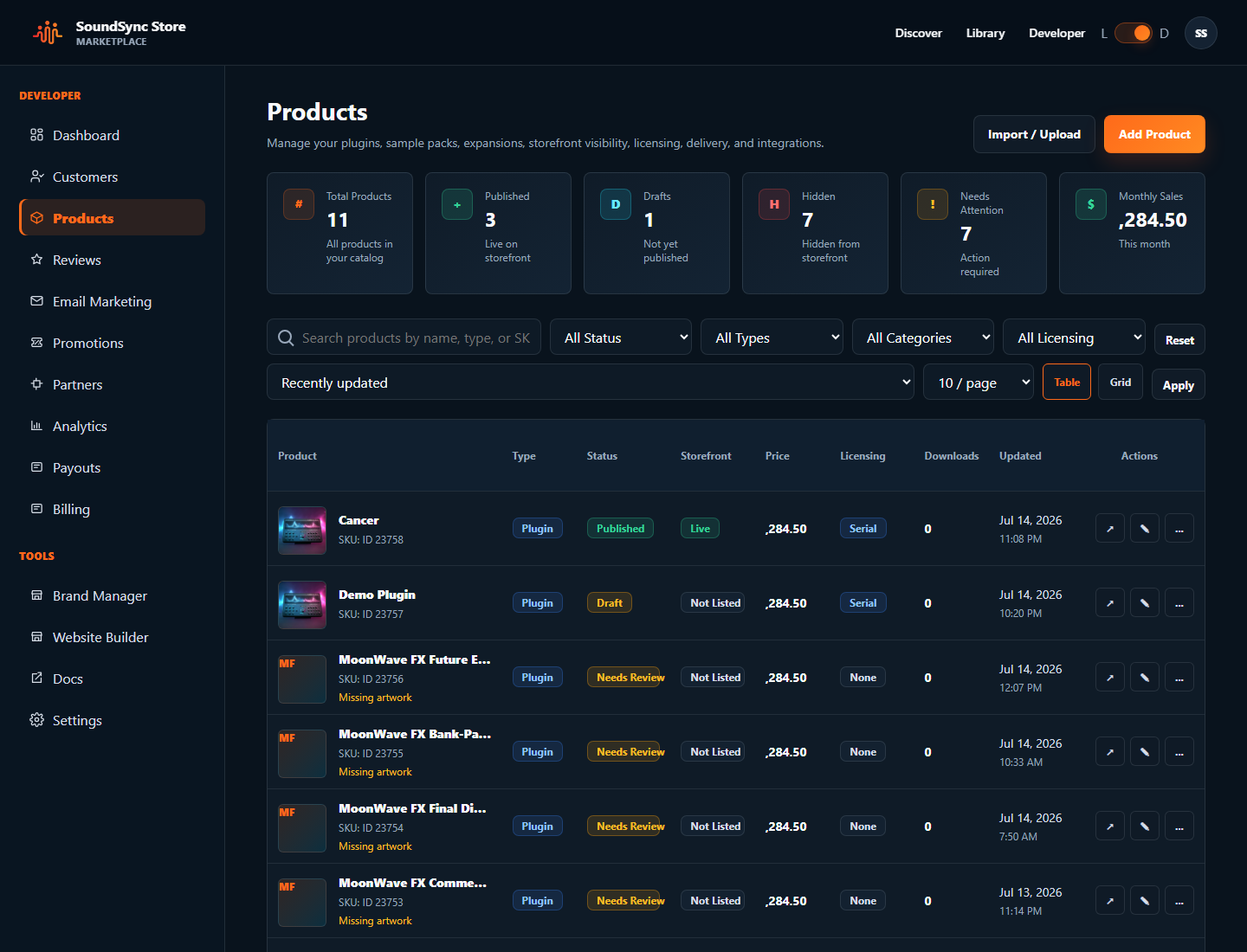 Dark-theme MoonWave dashboard screenshot showing JUCE package status context.