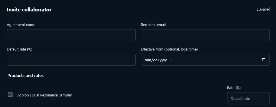 Dark-theme collaborator agreement with recipient, default share, effective date, and product-specific rates.