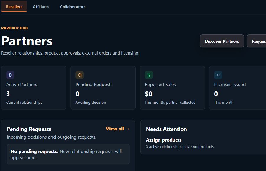 Real dark-theme reseller overview and metrics, cropped before private relationship records.