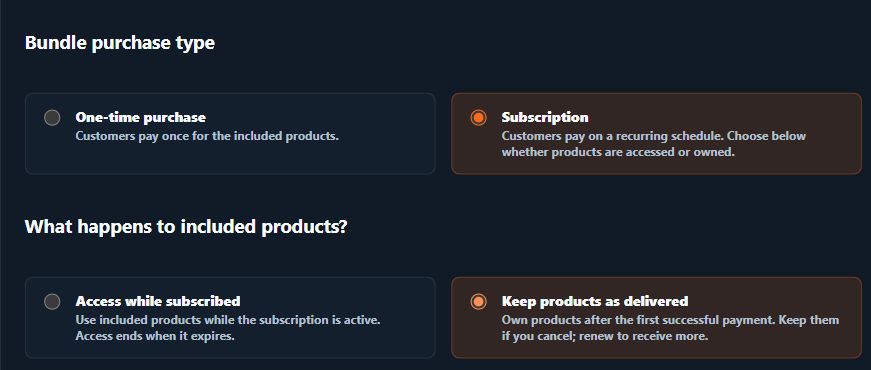 Real dark-theme bundle editor showing recurring billing and access-versus-ownership options. No customer or account identifiers are included.