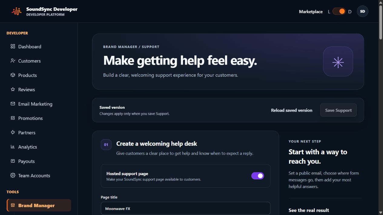 Current dark-theme Support workspace with hosted help-page controls; private delivery fields are outside the capture.