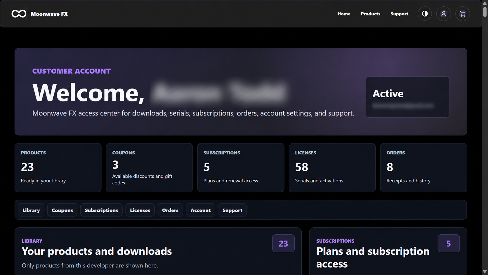 Current dark-theme customer account with products, coupons, subscriptions, licenses, and orders. The full name and personal email are blurred.