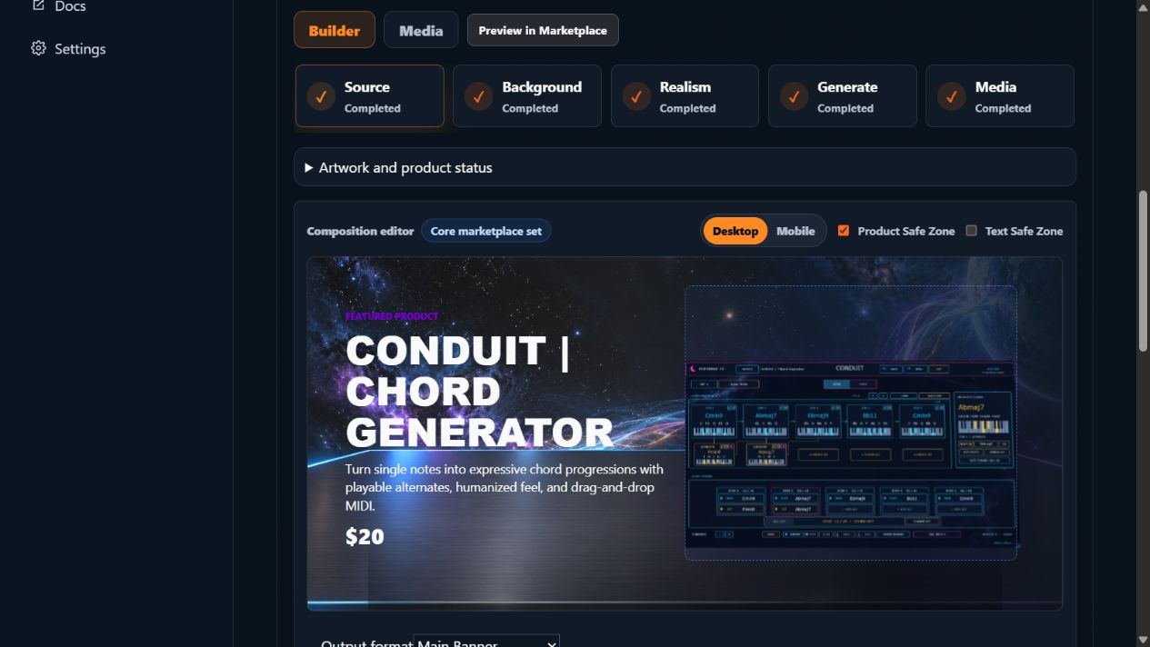 Actual Conduit artwork editor with desktop/mobile preview controls and the prepared marketplace product composition.