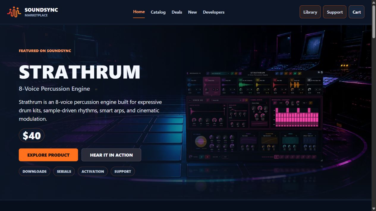 Actual customer-facing SoundSync marketplace homepage featuring Strathrum, with product artwork, price, and discovery navigation.