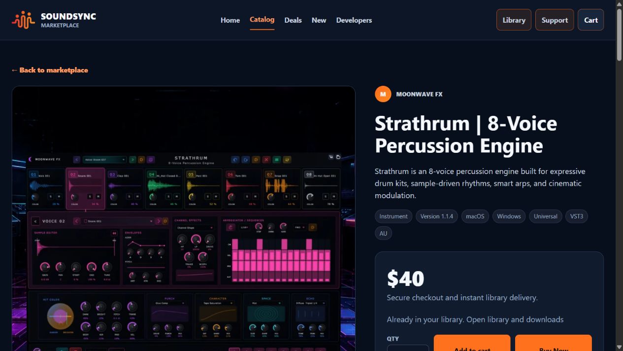 Current Strathrum marketplace product detail with actual plugin artwork, specifications, price, and account-specific library shortcut.