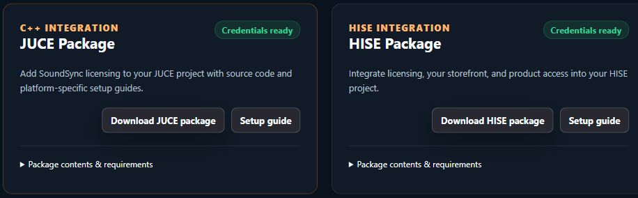 Current product integration panel with separate HISE and JUCE package controls, excluding all credential values.