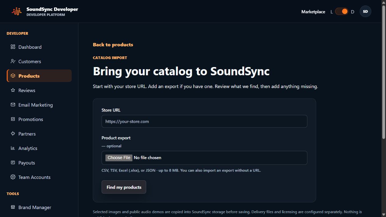 Current product-import screen accepting a store URL or CSV, TSV, XLSX, or JSON export, with downloadable example CSVs.