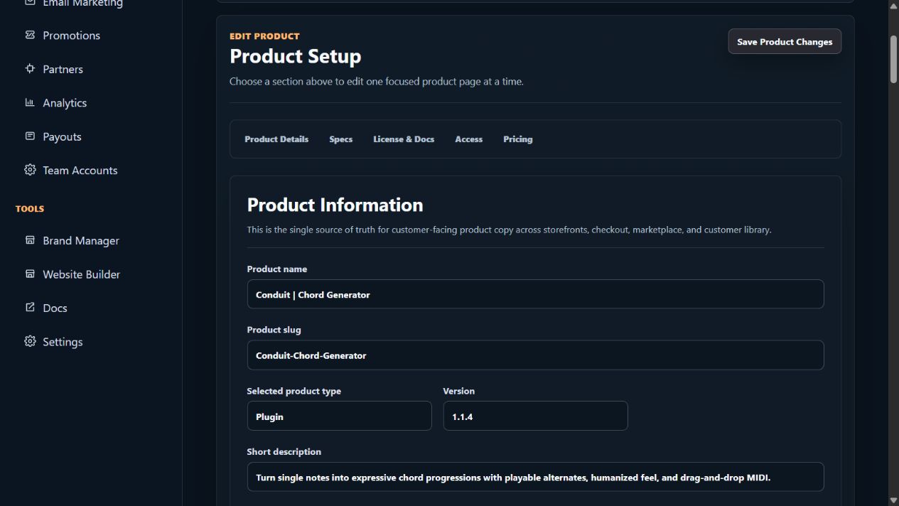 Current dark-theme product setup with product identity, type, version, and customer-facing description fields.