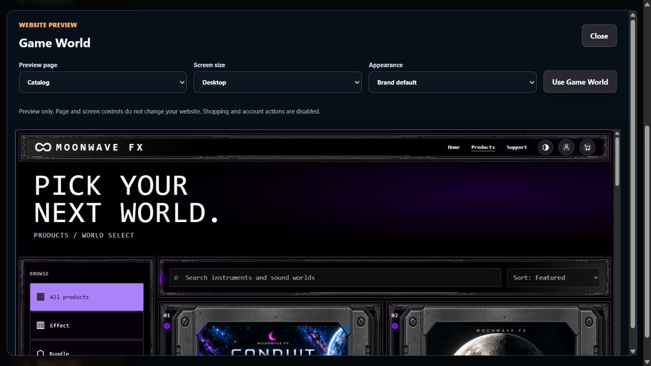 Game World catalog preview with page, screen-size, and appearance selectors above Moonwave FX product artwork.