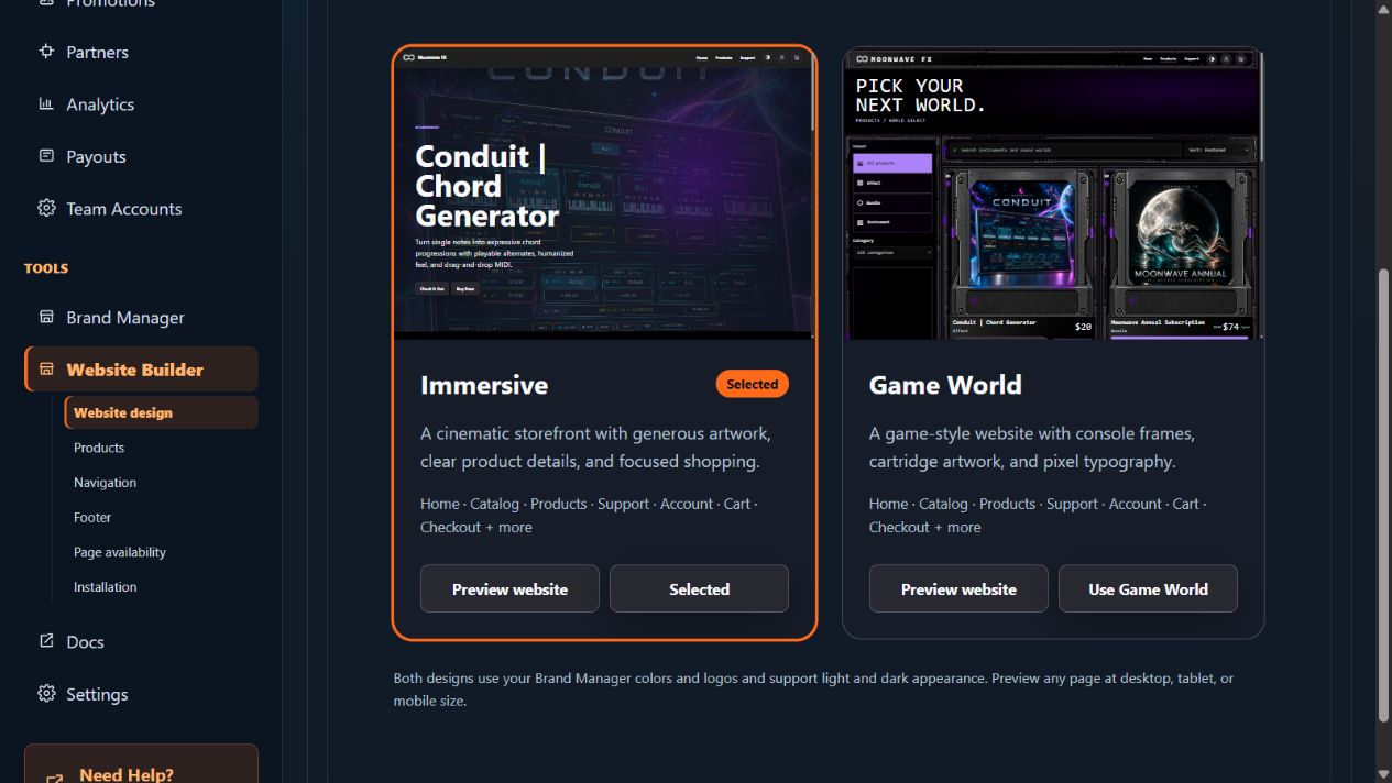 Moonwave FX Website Builder showing the Immersive and Game World styles with coordinated page designs and preview controls.