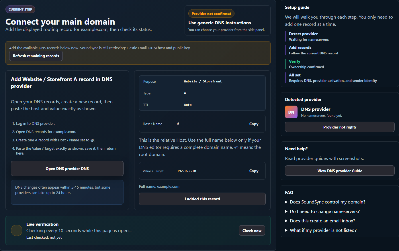 Actual dark-theme SoundSync domain interface showing an apex-domain DNS step, provider guidance and sample records for example.com.